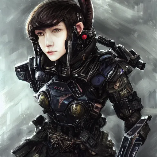 Image similar to portrait of an elf girl by ayami kojima, she is about 2 0 years old, mixture between british and japanese, black bob hair, and she is wearing a modern tactical gear, scifi, highly detailed portrait, digital painting, artstation, concept art, smooth, sharp foccus ilustration, artstation hq