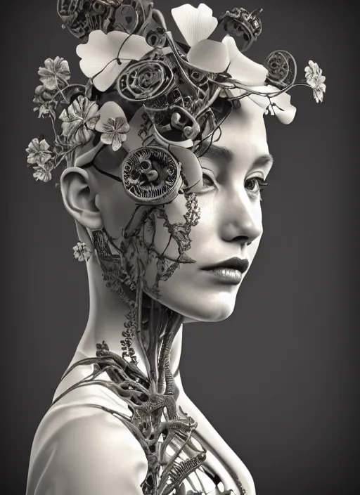 Image similar to monochrome 3 d model, floral steampunk biomechanical beautiful young female cyborg with porcelain profile face and a big floral eye, volumetric light, leaves foliage and stems, hibiscus flowers, boho floral vines, sinuous fine roots, fine foliage lace, alexander mcqueen, rim light, big gothic pearl embroidered collar, octane render, 8 k