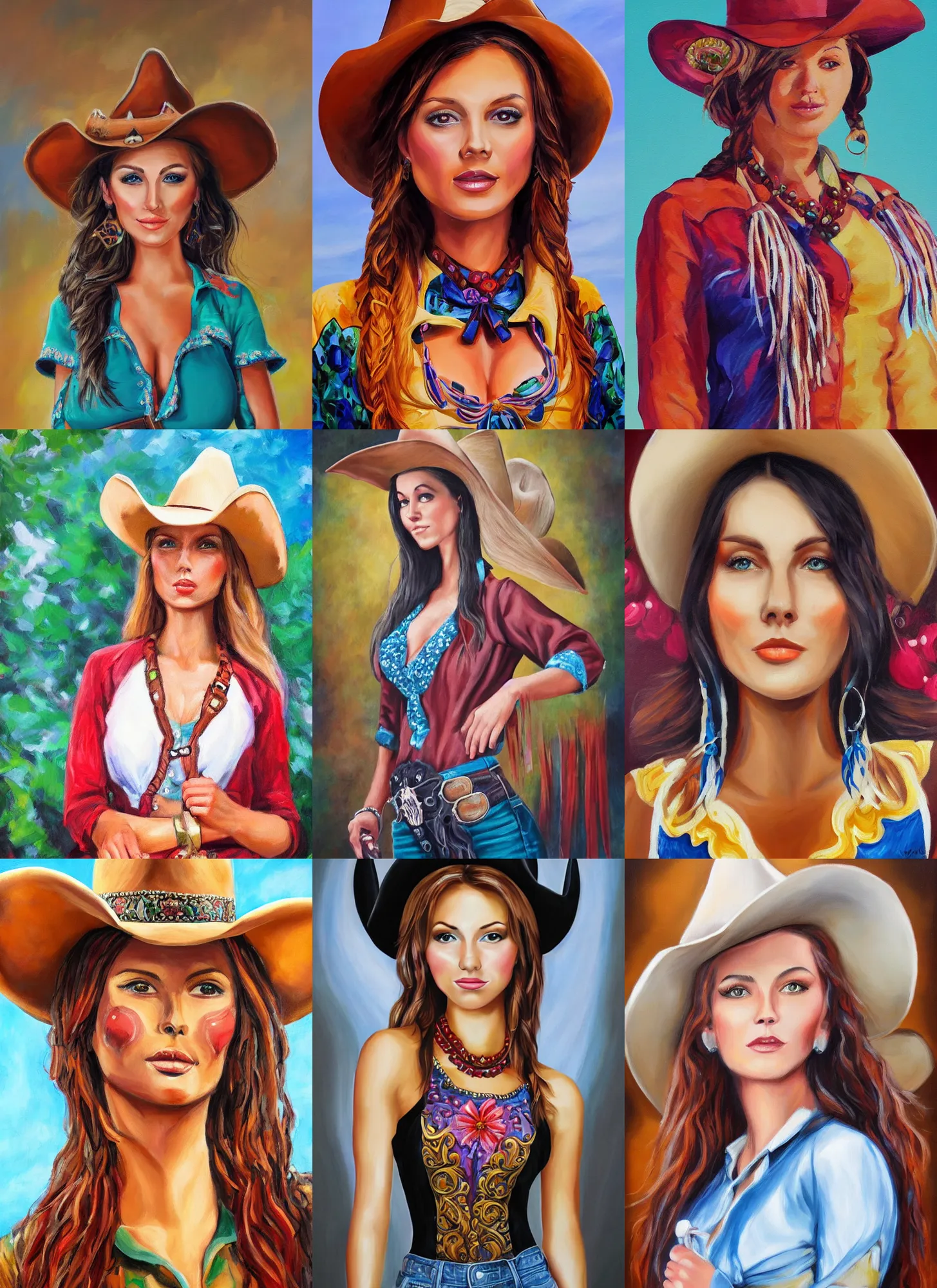 Prompt: full body oil painting of a beautiful cowgirl with a beautiful face wearing detailed clothing