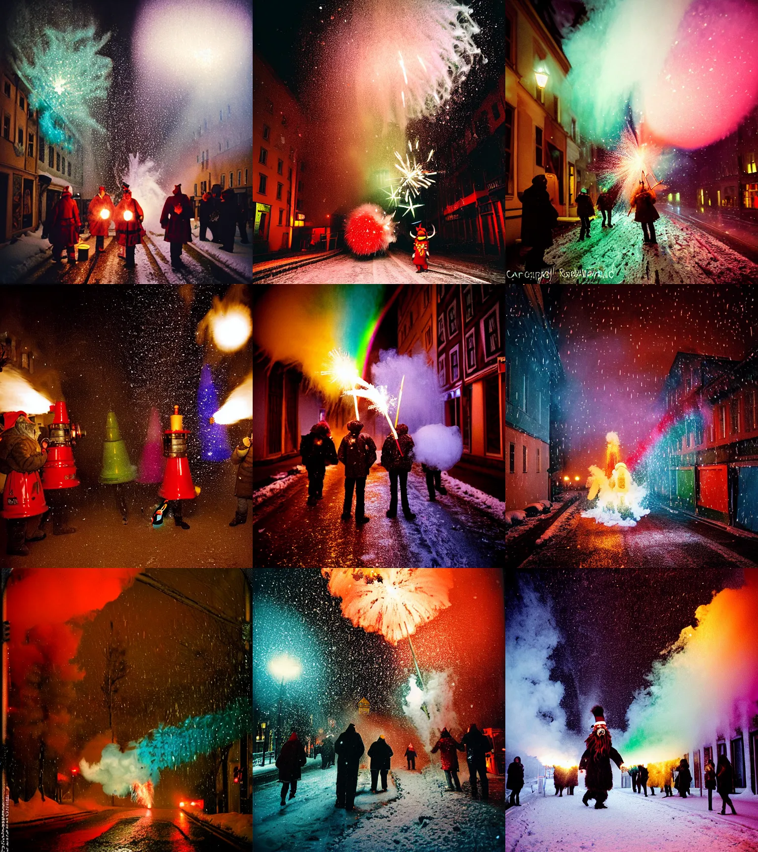 Image similar to kodak portra 4 0 0, wetplate, winter, snowflakes, rainbow coloured rockets, chaos, glitter tornados, award winning dynamic photo of a bunch of hazardous krampus between exploding fire barrels by robert capas, motion blur, in a narrow lane in salzburg at night with colourful pyro fireworks and torches, teal lights