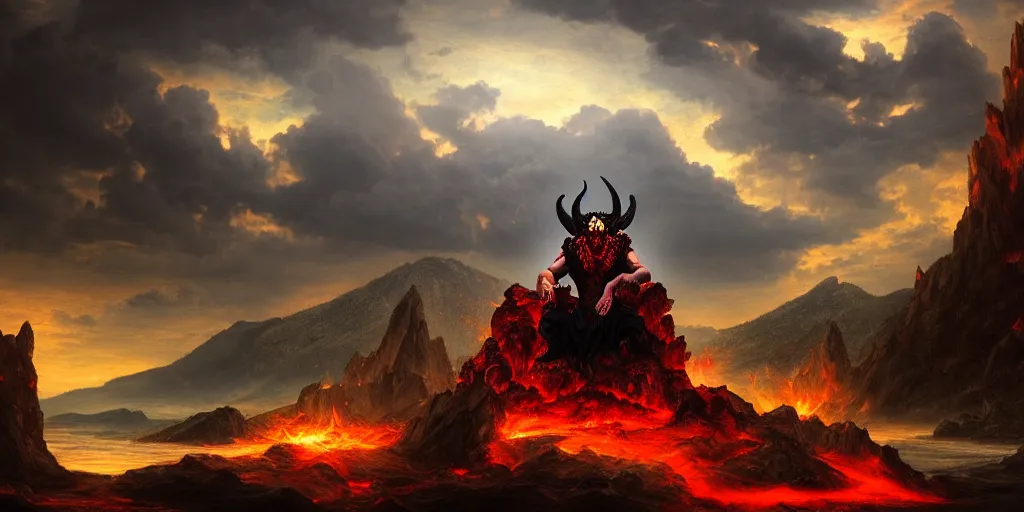 Prompt: 8k realistic image of The Devil Astaroth sitting on his throne with a gloomy mountaineous landscape