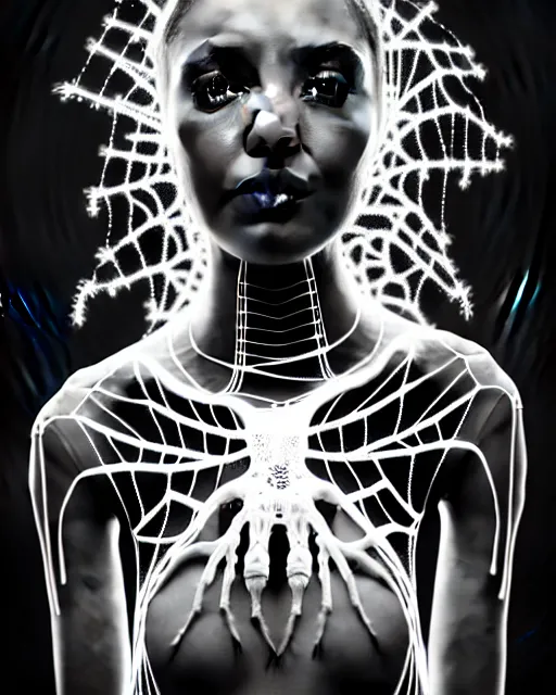 Image similar to black and white cyborg-plant goddess high quality portrait, artificial intelligence, bio-mechanical bio-luminescence, artificial spider web, neurons, nerve cells, octane render, cinematic, hyper realism, high detail, 8k, in the style of Steven Meisel and Dora Maar and H.G. Giger