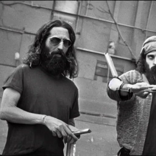 Image similar to photo of jesus and moses smoking weed in the bronx circa 1 9 7 8