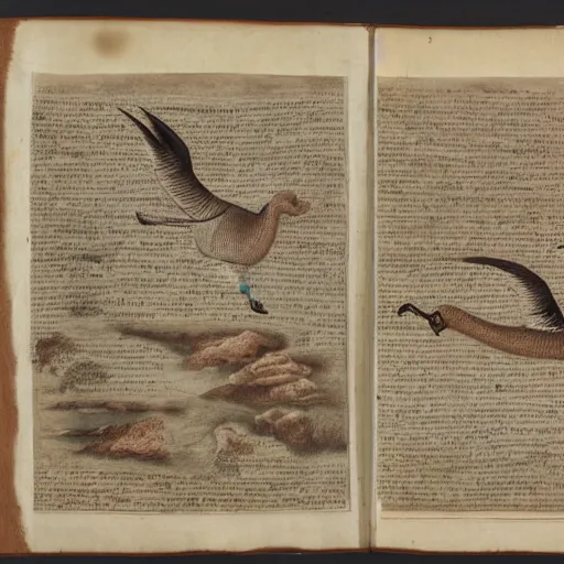 Prompt: manuscript showing angry geese