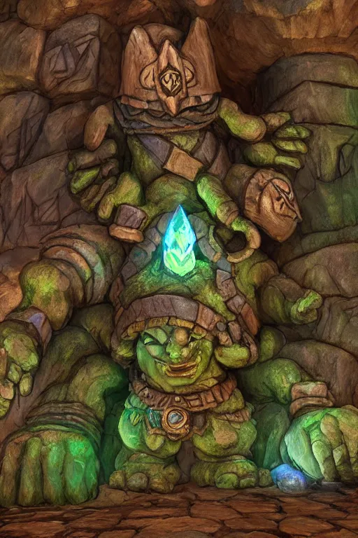 Image similar to zelda fantasy art giant golem troll wood rock greeble gemstone, global illumination ray tracing hdr fanart arstation by sung choi and eric pfeiffer and gabriel garza and casper konefal