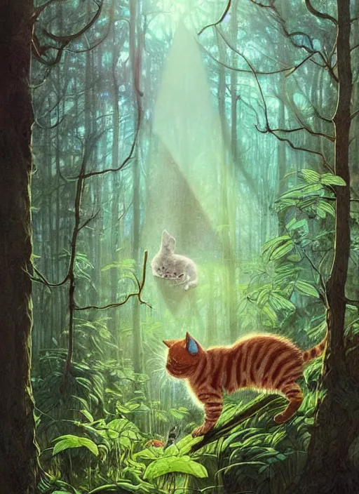 Image similar to a hyper realistic illustrated cat with happy lighting playing in the woods gorgeous lighting, sunbeams blue sky, lush forest foliage painting by chiara bautista and beksinski and norman rockwell and greg rutkowski weta studio, and lucasfilm