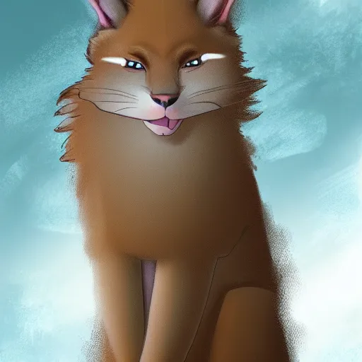 Image similar to cute fluffy caracal in pants, facing the camera, anime art style, portrait, high detail, sharp focus, digital painting, artstation, art by hayao miyazaki.