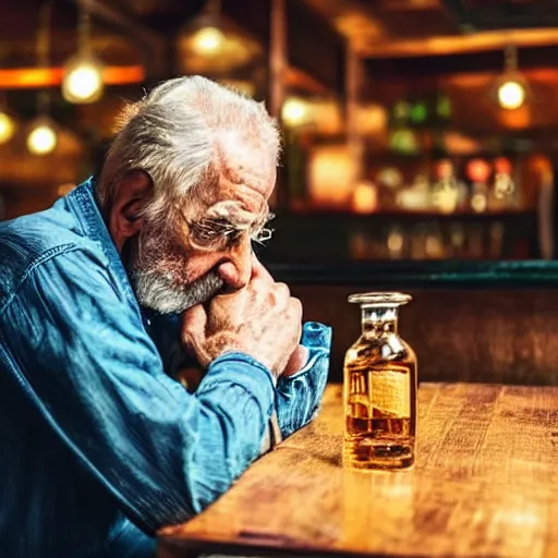 Prompt: an old man sitting on the table at the bar, whisky bottle on the table, looking sad and lonely