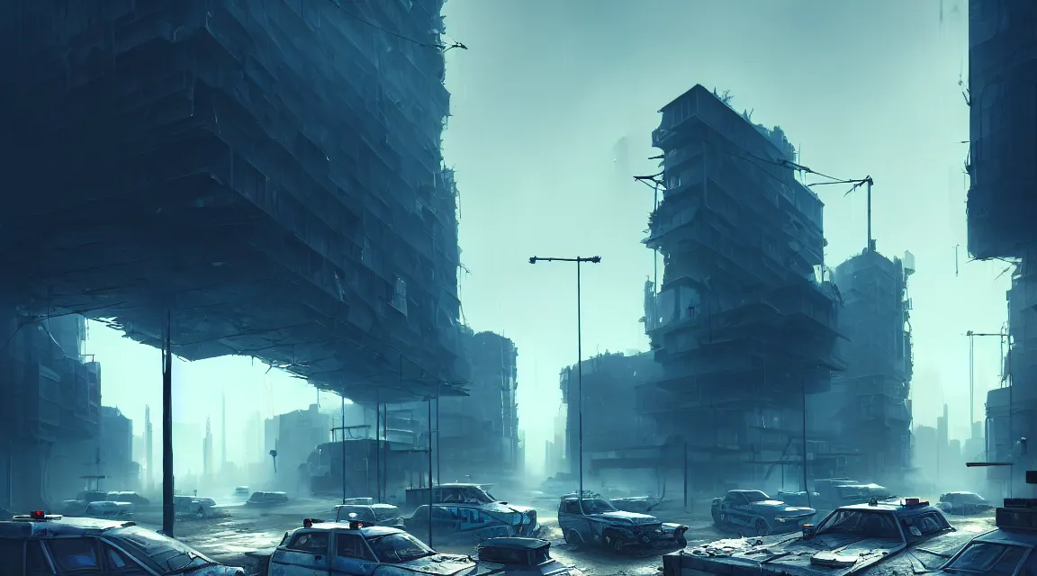 Image similar to a sharp game scene concept with a environment of a post - apocalyptic post apocalyptic police station a blue sky, building, avenue, urban architecture, apocalyptic architecture, paved roads, by nathan walsh trending on artstation, photorealistic, wild vegetation, human silhouettes, cyberpunk, environment artist, dystopian, science fiction