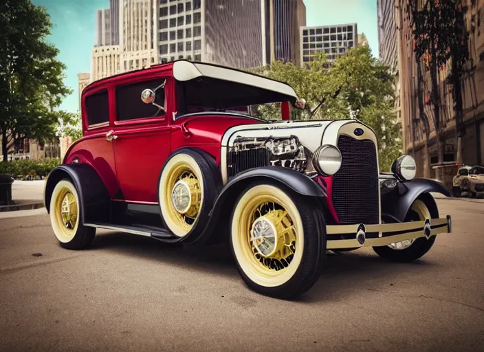 Prompt: touring chicago in a 1 9 3 0 model a ford hot rod, lowbrow style painting by jasmine becket - griffith and danny flynn 8 k resolution, octane render, detailed painting