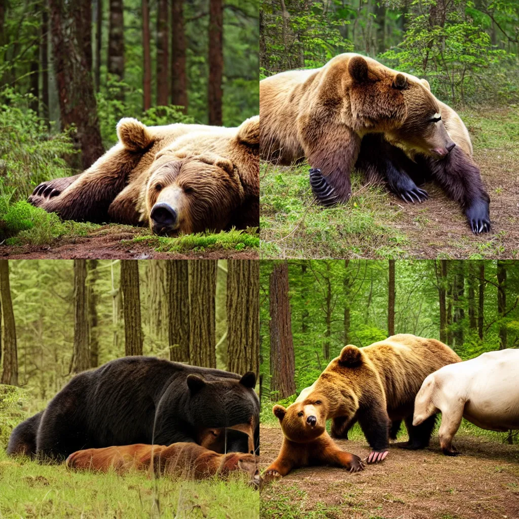 Prompt: the bear holds the spine near the lying sleeping cow in forest