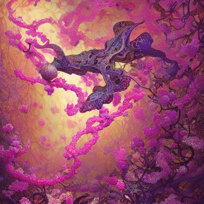 Image similar to extremely psychedelic lattice made of orchid and cherry blossom and musroom, LSD, diffuse lighting, fantasy, intricate, elegant, highly detailed, lifelike, photorealistic, digital painting, artstation, illustration, concept art, smooth, sharp focus, art by John Collier and Albert Aublet and Krenz Cushart and Artem Demura and Alphonse Mucha