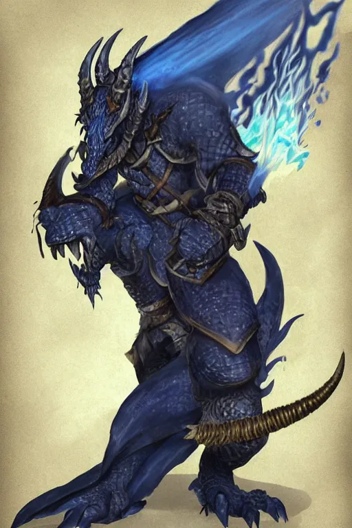 Image similar to a D&D character of a dark blue dragonborn with large tusks, half a face flaming with blue flame, he wears a black dragon scales armor, D&D concept art