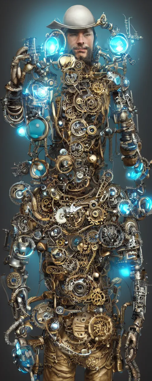 Image similar to Portrait of a steampunk sci-fi cyborg pirate bionic man, third person, D&D, sci-fi fantasy, cogs and springs, shiny jewels, intricate, gold with blue and teal fringe highlights, highly detailed, art by Range Murata, highly detailed, 3d, octane render, bright colors, digital painting, trending on artstation, sharp focus, illustration style of Stanley Artgerm, highly detailed background in a cinematic style