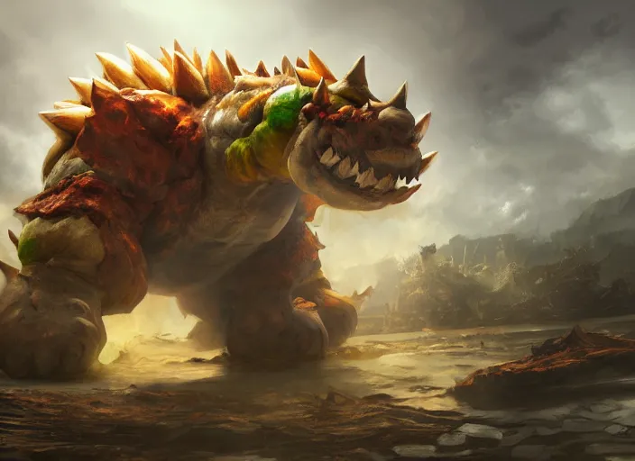 Prompt: detailed concept art of a huge giant bowser by cheng yi and luolin, artstation, artstationhd, detailed scales, bowser, bowser nintendo, koopa ( ( mario ) ) bcy. net, realistic.