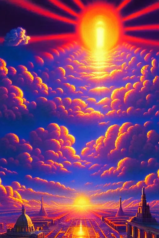 Prompt: a photorealistic detailed cinematic image of a beautiful vibrant neon future for human evolution, spiritual science, divinity, utopian, cumulus clouds, ornate historical society, isometric, by david a. hardy, kinkade, lisa frank, wpa, public works mural, socialist