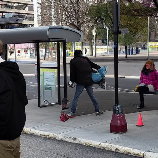 Prompt: 3 people at a bus stop using IV drugs like heroin and fentanyl