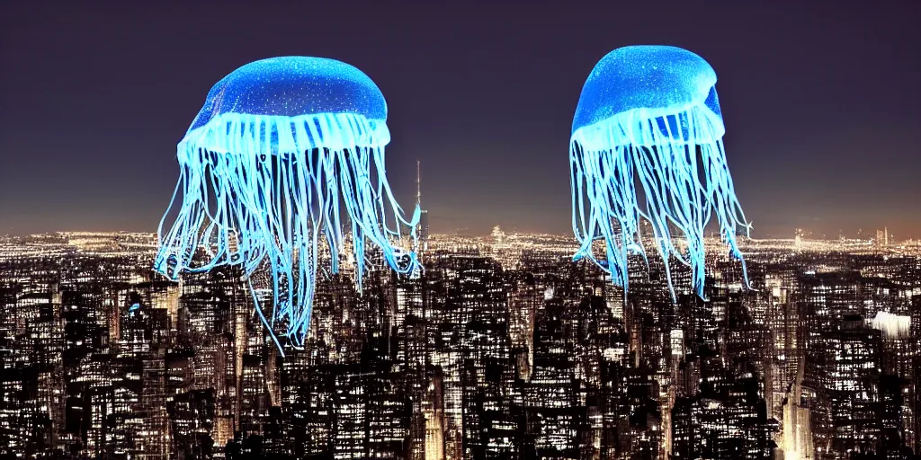 Image similar to flying blue jellyfish over nyc at night, wide city shot, beautiful lighting, soft and detailed,