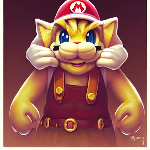 Image similar to Portrait Cat as Super Mario from Super Marios Bros, Nintentdo, highly detailed, digital painting, artstation, concept art, smooth, sharp focus, illustration, art by artgerm and greg rutkowski and alphonse mucha