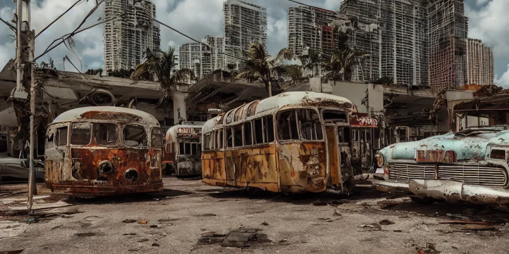 Image similar to low wide angle shot of dilapidated fallout 5 miami, tropical coastal city, desolate, dilapidated neon signs, few rusted retro futuristic vintage parked vehicles like cars, buses, trucks, trams, sunny weather, few clouds, volumetric lighting, photorealistic, daytime, spring, sharp focus, ultra detailed, 4 0 0 0 k