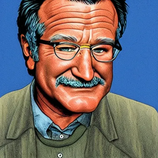 Image similar to a portrait of Robin Williams drawn by Robert Crumb