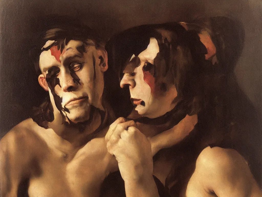 Prompt: Portrait of a lapis lazuli painted cannibal. Painting by Caravaggio, August Sander