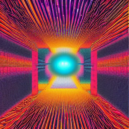 Image similar to a glitch in a cosmic metaverse, path leading to dilated pupil eye, consciousness rising, glitch art, pixelart, poster art