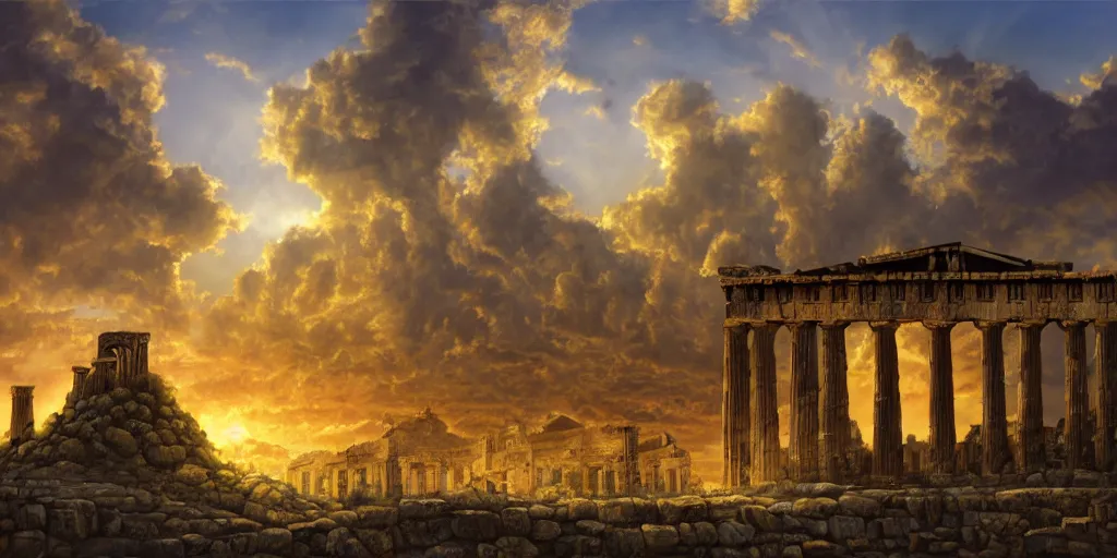 Image similar to fantasy oil painting, megalithic city of athens, fantasy, buildings, colossal, gate, looming, small buildings, warm lighting, street view, daytime, silhouetted figure standing overlooking the port city, epic, distant mountains, bright clouds, luminous sky, cinematic lighting, michael cheval, michael whelan, artstation, oil painting, vray, 8 k hd