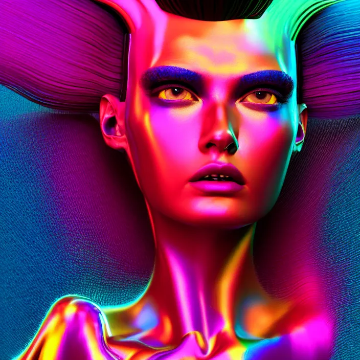 Prompt: portrait of a futuristic fashion model with an exuberant surreal hair style, colorful, dynamic pose, beautiful realistic face, octane render, vray, detailed, wide angle, halftoned, editorial illustration, matte print, grainy light, ( ( dither ) ), risograph, high contrast, screen print, rich grainy texture