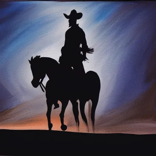 Prompt: a painting of a silhouette of a cowboy riding a horse into the dark horizon, high contrast, black and blue color scheme, dark, creepy, night, far away