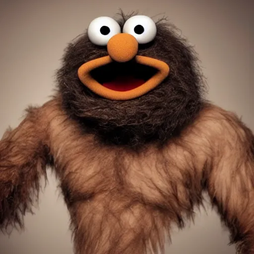 Image similar to a still of a forgotten muppet character looking very manly and modern, hilarious, laughing, hairy chest, huge chin, manly monster tough guy, roughled fur, photo real, photographic, photograph, artstation, trending, featured