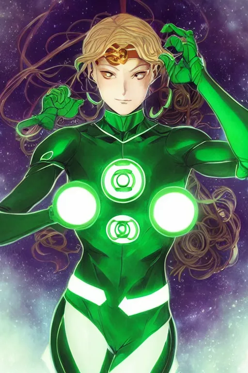 Image similar to anime key visual of a beautiful young female green lantern!! intricate, green and black suit, glowing, powers, dc comics, cinematic, stunning, highly detailed, digital painting, artstation, smooth, hard focus, illustration, art by artgerm and greg rutkowski and alphonse mucha