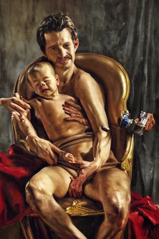 Image similar to hyper realistic oil painting of a handsome man sitting in a gilded chair with tubes coming out of his arm, getting a blood transfusion from a baby in the background. dark. masterpiece