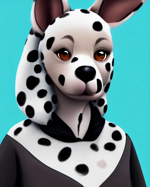 Prompt: digital painting full body of anthropomorphic furry female dalmatian dog, in style of zootopia, female fursona, furry, furaffinity, 4 k, deviantart, furry art, fursona art, wearing a black hoodie, dog fursona, female, cute detailed feminine face,