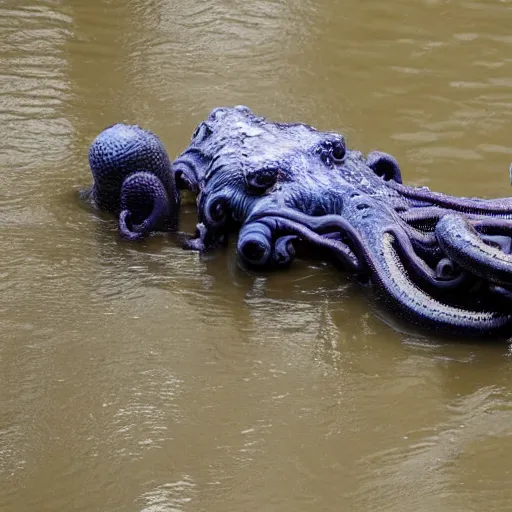 Prompt: a weird unidentified creature with tentacles has been found in a flooded german town