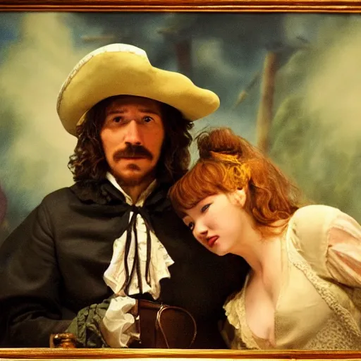 Image similar to Cyrano de Bergerac and Roxanne (Haley Bennet), are looking a teach other hand romantically. dramatic, high contrast, romantic, theatrical, lumnious, cinematic lights, oil canvas by Csók István, Munkácsi and Hollósy Simon