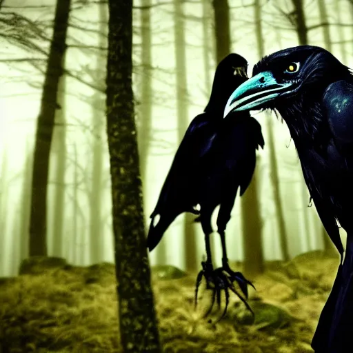 Image similar to werecreature consisting of a crow and a human, werecrow, photograph captured in a dark forest