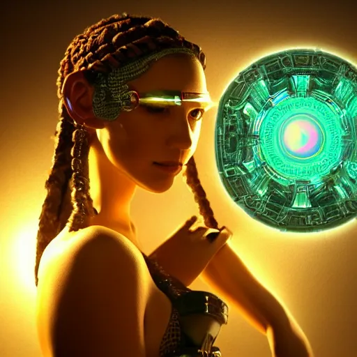 Image similar to beautiful Fine art photo of a young enraptured Morgan Lee as a cyberpunk mayan robotic goddess, photorealistic, centered, highly detailed and intricate, sun lighting, 8k