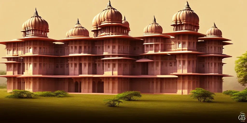 Image similar to a 3 d concept art of an indian palace by oliver beck, hyper realism, extremely detailed, atmospheric