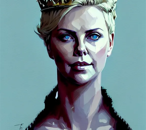 Image similar to portrait of portrait, charlize theron as a queen, fantasy, game of thrones, by atey ghailan, by greg rutkowski, by greg tocchini, by james gilleard, by joe fenton, by kaethe butcher, by ashley wood, dynamic lighting, gradient light blue, brown, blonde cream and white color scheme, grunge aesthetic