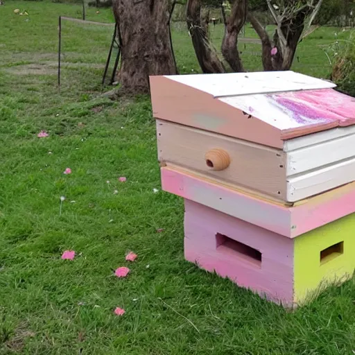 Prompt: a white Langstroth beehive that has an abstract painting in pink and lime green on it painted by children, bees flying around