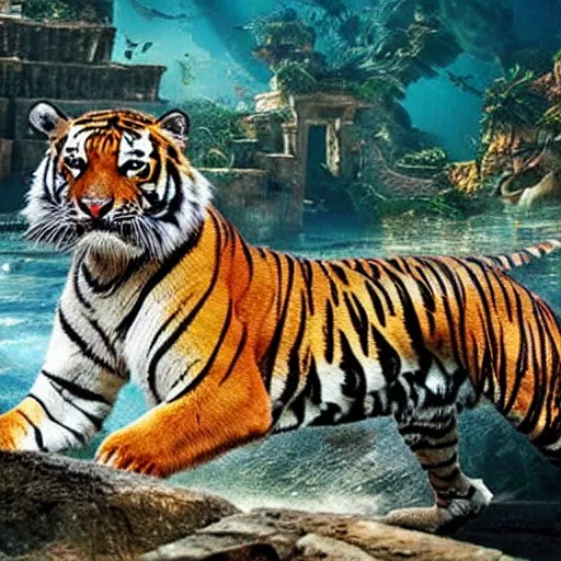 Image similar to a tiger discovering the lost city of atlantis