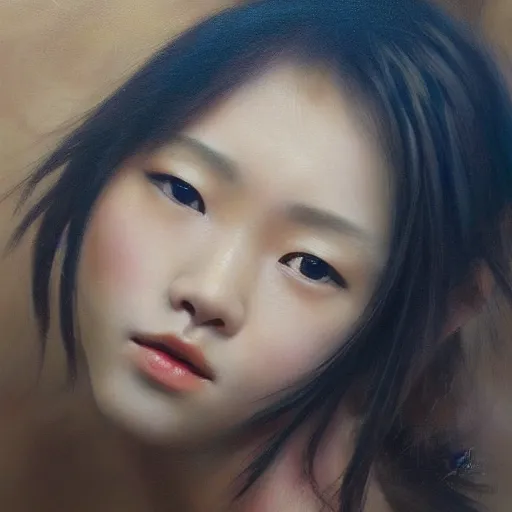 Image similar to perfect, realistic oil painting of close-up japanese girl face, by an American professional senior artist, Hollywood concept, dynamic composition and motion, postproduction.