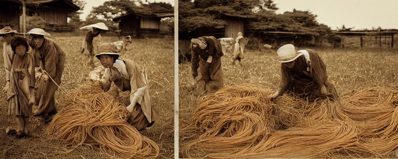 Image similar to harvesting spaghetti in rural 1 8 0 0 s japanese countryside, ultra - realistic faces, fine detail, canon 5 0 mm, in the style of ansel adams, wes anderson, kodachrome