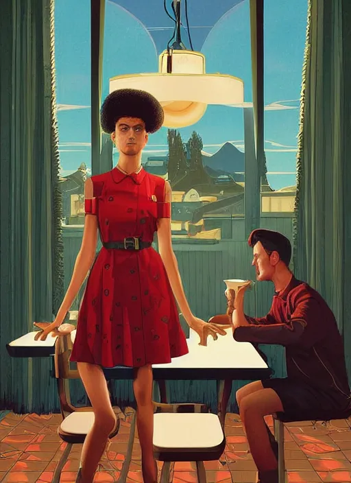 Prompt: poster artwork by Michael Whelan, Bob Larkin and Tomer Hanuka, Karol Bak of Zendaya is a high school student working at the diner wearing waitress dress, from scene from Twin Peaks, simple illustration, domestic, nostalgic, from scene from Twin Peaks, clean