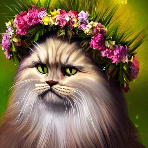 Image similar to oil painting portrait of a long haired fluffy himalayan cat wearing flower crown and lei necklace on tropical island background digital art, concept art, highly detailed, 3-D 4k, trending on art station, Mark Brooks,