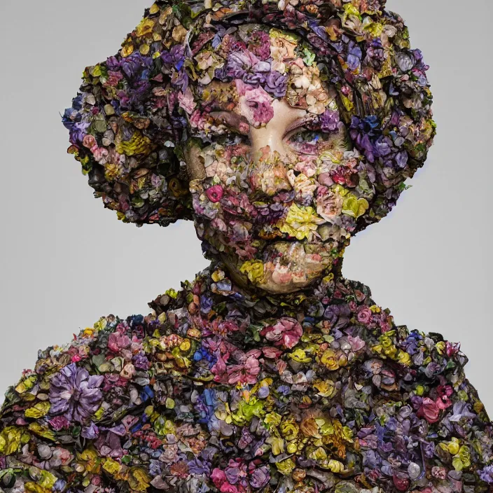 Prompt: a closeup portrait of a woman wearing a cloak made of plastic and mud, in an infinite landscape of flowers, photograph by john currin, canon eos c 3 0 0, ƒ 1. 8, 3 5 mm, 8 k, medium - format print