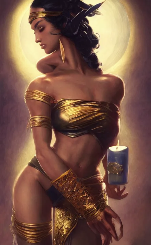 Image similar to masterpiece of kitana from mortal kombat with beautiful hands close to a candle in dark room, cinematic, powerful, moon beams dramatic light, highly, intricate gold elements, hollow souls, detailed, digital painting, artstation, concept art, sharp focus, illustration, art by artgerm and greg rutkowski and alphonse mucha