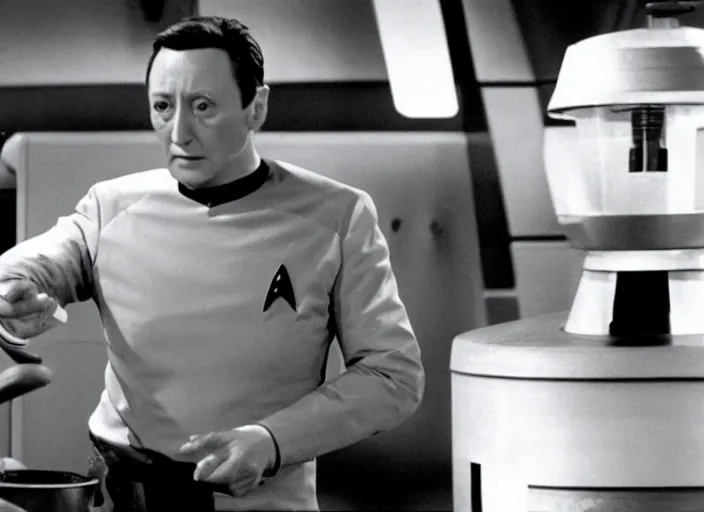 Image similar to film still of Data working as a short order cook in Star Trek the Next Generation