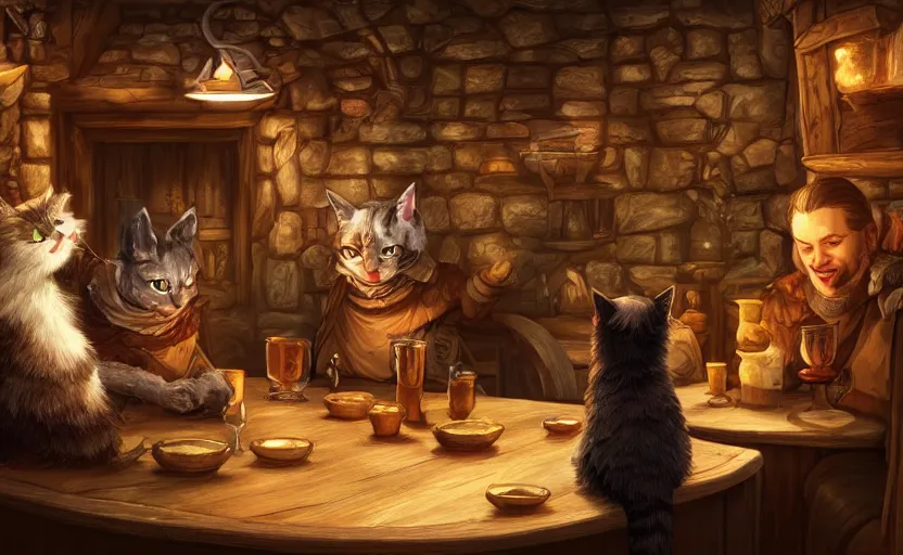 Image similar to cat folk talking inside a tavern, fantasy art, cozy, dnd, digital art, 4 k